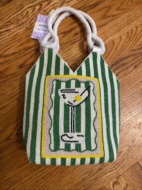 Beaded Green Stripe Mini Tote with Cocktail Motif - Unknown Brand